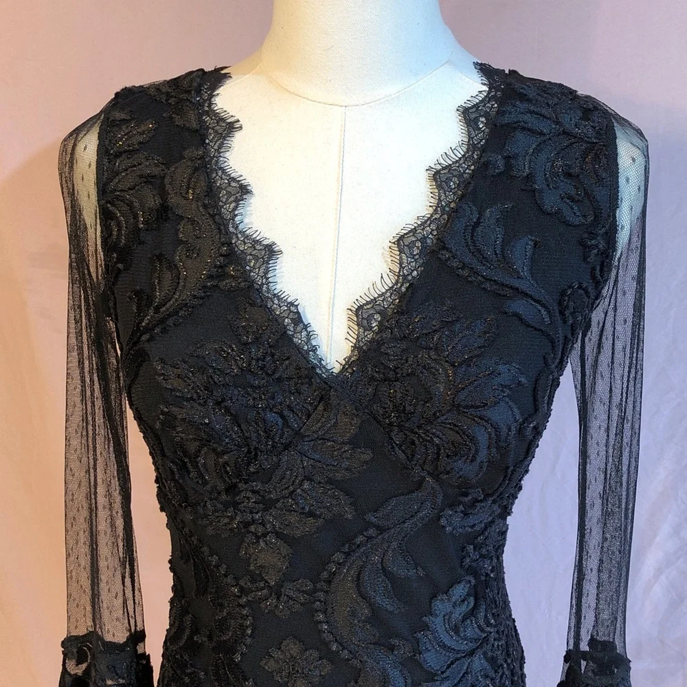 Prom Y2K Formal Black Bell Sleeve Floral Lace Gold Accents Formal Size Small Med - Picture 3 of 17